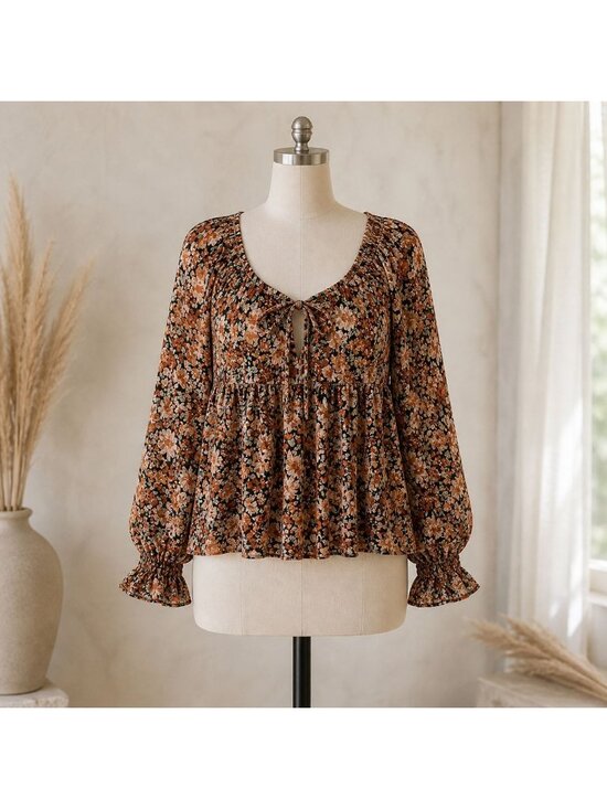 Blu Pepper Tops - Blu Pepper Floral Peplum Blouse Size M Boho Long Sleeve Tie Front Sheer Top